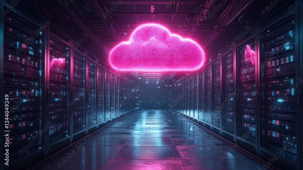 Obraz premium A futuristic data center with a glowing cloud symbol, representing cloud computing.