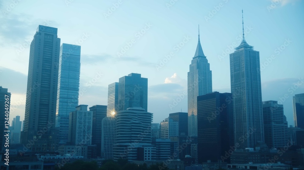 Obraz premium Urban Skyline at Dusk with Modern and Historic Skyscrapers
