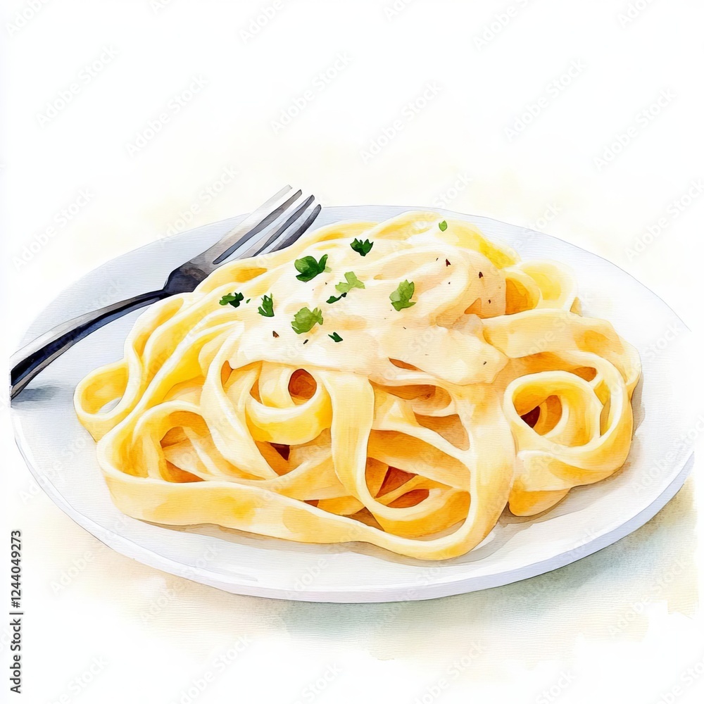 A plate of fettuccine alfredo, Italian cuisine, watercolor illustration, soft pastel colors, isolated on white background A plate of fettuccine alfredo, Italian cuisine, watercolor illustration, soft pastel colors, isolated on white background