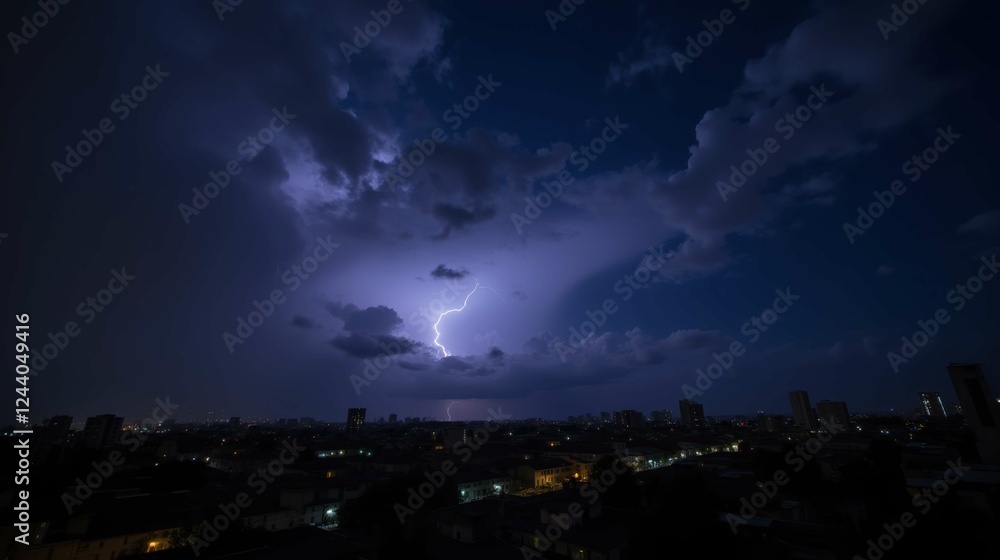 Fototapeta premium Dramatic Lightning Strike Illuminates Dark City Skyline at Night