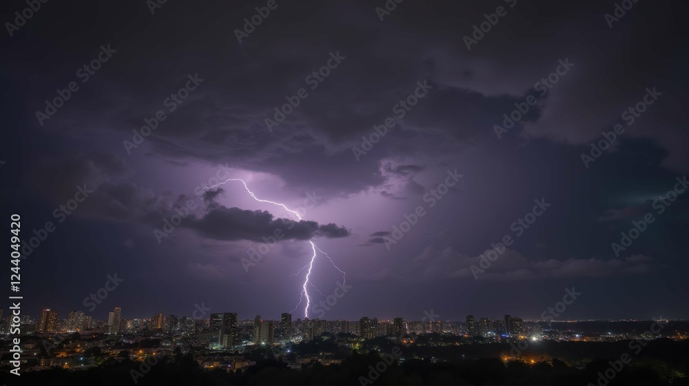 Dramatic Lightning Strike Over Cityscape at Night with Clouds Dramatic Lightning Strike Over Cityscape at Night with Clouds