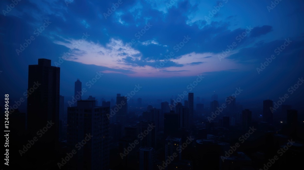 Fototapeta premium Serene Urban Skyline at Dusk with Dramatic Cloud Cover and Fog