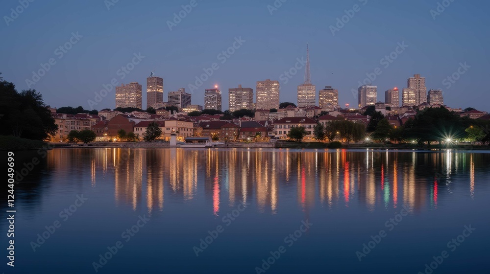 City skyline reflection at dusk over calm water surface City skyline reflection at dusk over calm water surface