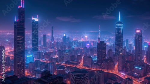 Wallpaper Mural City Skyline at Night with Neon Lights and Urban Landscape Torontodigital.ca