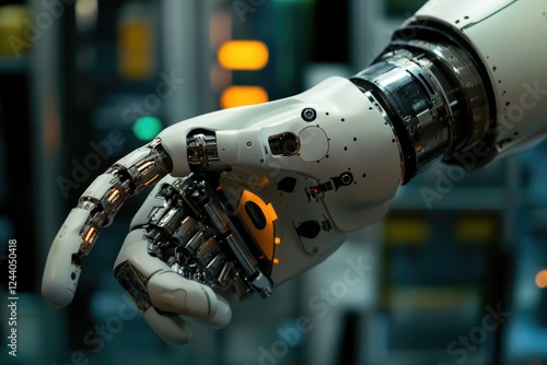 A close-up view of a robot's arm with a light on, suitable for illustrations related to technology and innovation