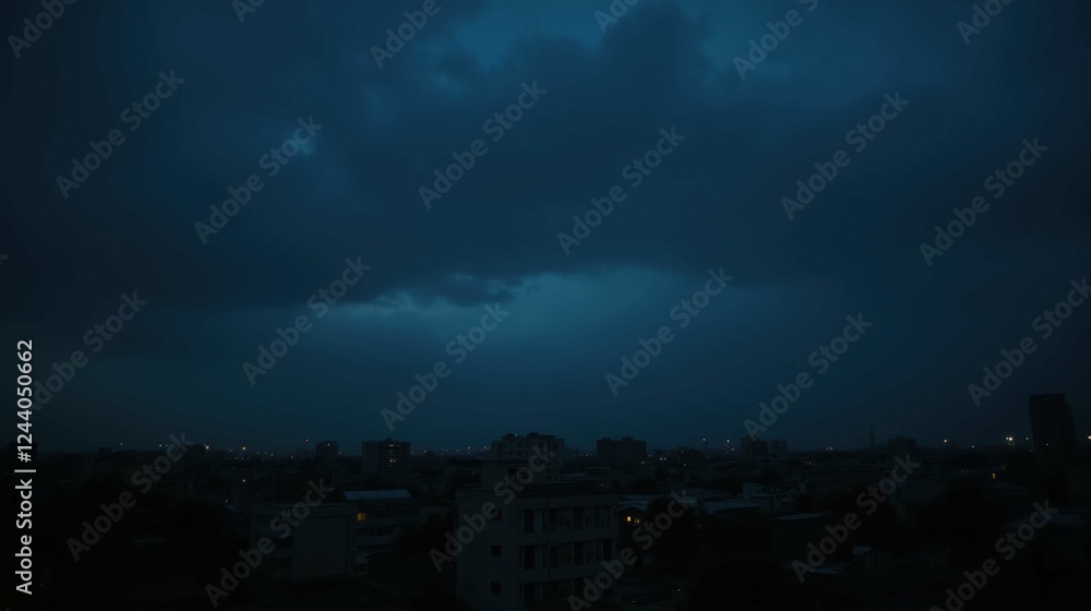 Dark Storm Clouds Over Cityscape at Dusk with Lights Glimmering Dark Storm Clouds Over Cityscape at Dusk with Lights Glimmering