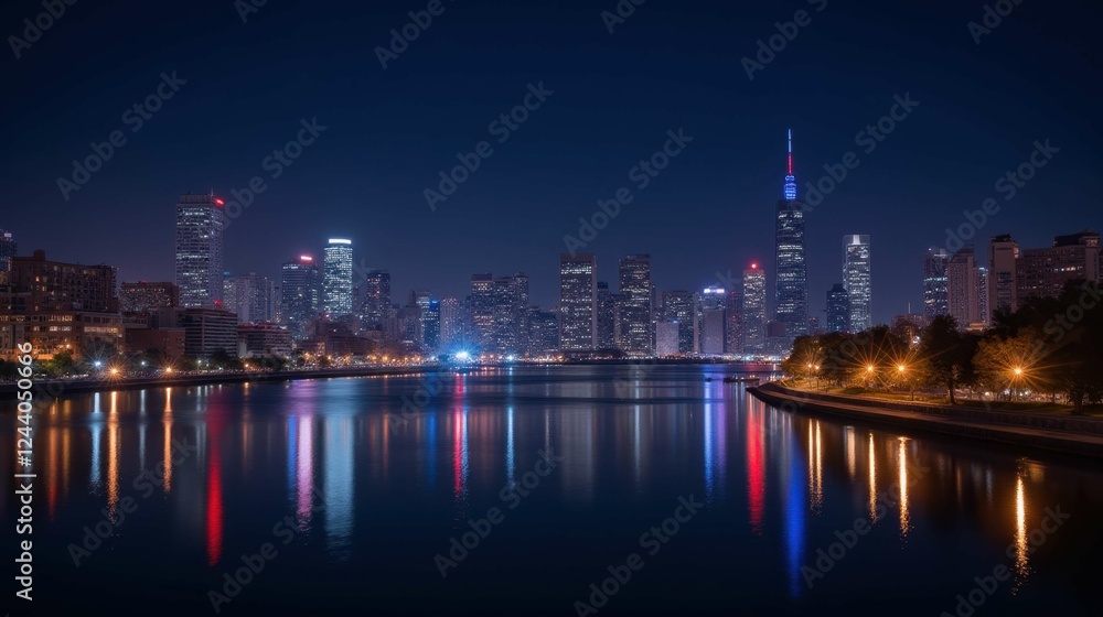 Stunning Night Cityscape Reflection of Urban Skyline and River Stunning Night Cityscape Reflection of Urban Skyline and River