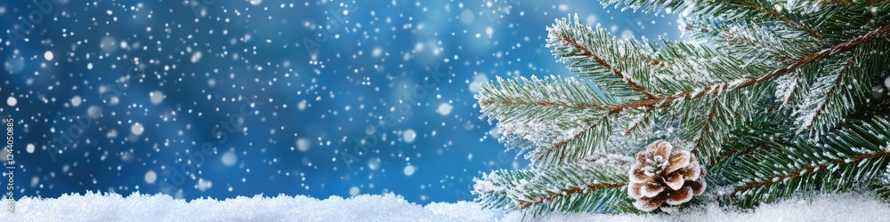 A snow-covered pine tree branch against a bright blue sky, perfect for winter or nature-themed designs A snow-covered pine tree branch against a bright blue sky, perfect for winter or nature-themed designs