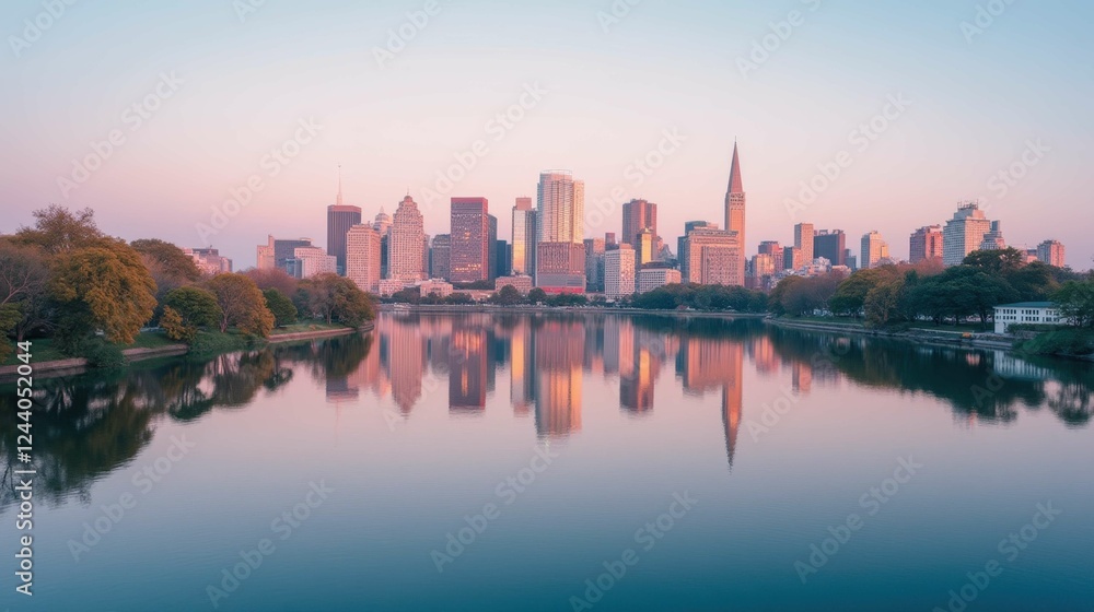 Fototapeta premium Serene San Francisco Skyline Reflected in Calm Bay Waters at Dusk