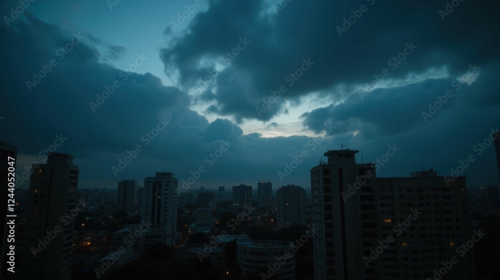 Dramatic Night Sky Over Urban Cityscape with Cloudy Atmosphere Dramatic Night Sky Over Urban Cityscape with Cloudy Atmosphere
