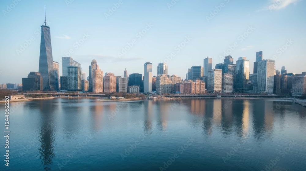 Naklejka premium Chicago Skyline Reflected on Calm Water Under Clear Blue Sky