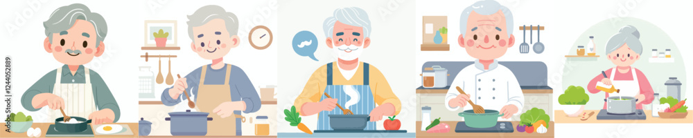happy senior people vector set cooking happy senior people vector set cooking