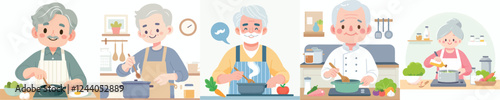 happy senior people vector set cooking