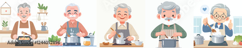 happy senior people vector set cooking