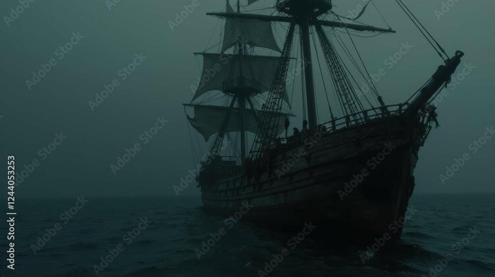 Obraz premium Mysterious Ghost Ship Sailing Through Foggy Waters at Dusk