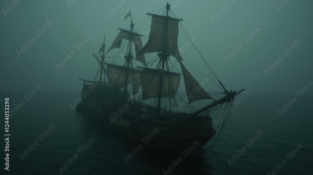 Obraz premium Mysterious Ship Silhouette in Foggy Waters at Dusk