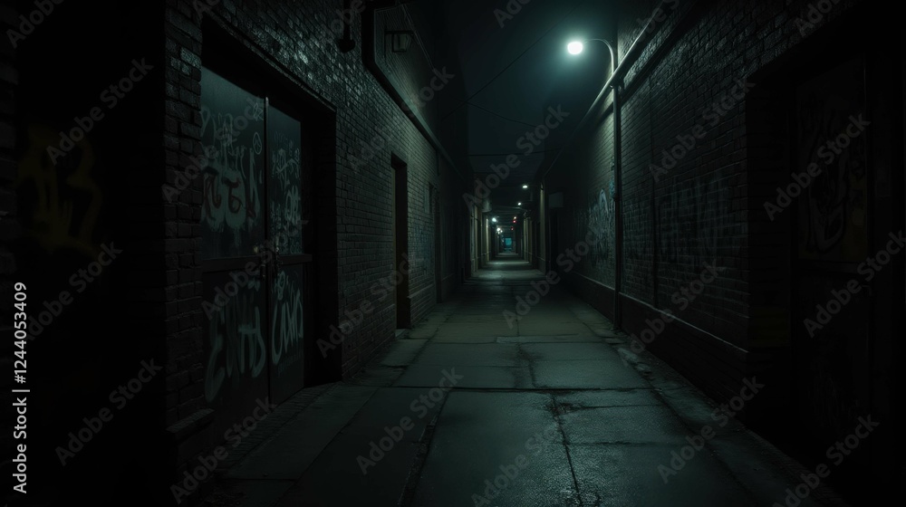 Dark and Moody Urban Alleyway with Graffiti at Nighttime Dark and Moody Urban Alleyway with Graffiti at Nighttime