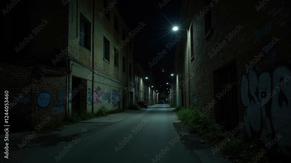 Fototapeta premium Dark Urban Alley with Graffiti and Streetlights at Nighttime