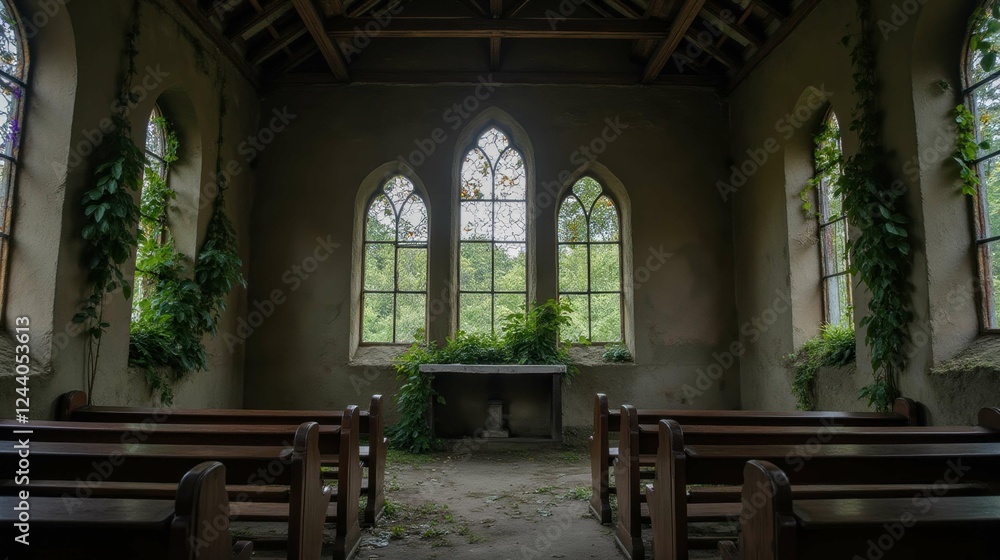 Fototapeta premium Abandoned Church Interior with Overgrown Plants and Natural Light