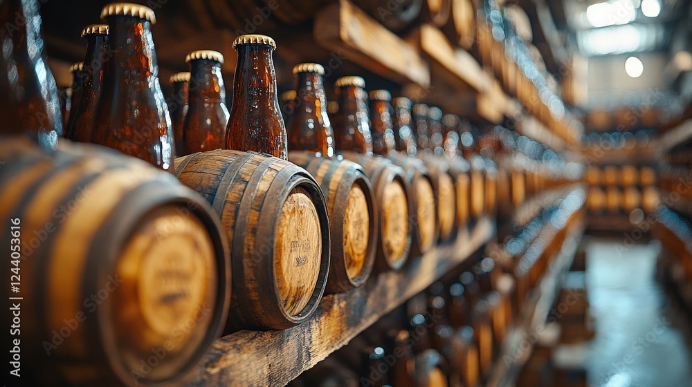 Bottles of craft beer lined up on wooden shelves in a rustic brewery with barrels in the background Bottles of craft beer lined up on wooden shelves in a rustic brewery with barrels in the background