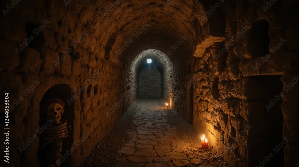 Fototapeta premium Dark and Mysterious Stone Tunnel with Skeleton and Candles
