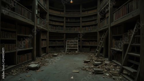 Wallpaper Mural Abandoned Library with Dusty Books and Shelves in Dim Light Torontodigital.ca