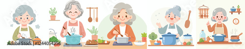 happy senior people vector set cooking