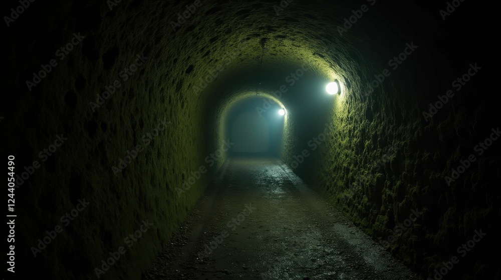 Mysterious Dimly Lit Tunnel with Fog and Stone Walls Mysterious Dimly Lit Tunnel with Fog and Stone Walls