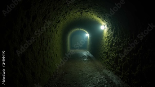Mysterious Dimly Lit Tunnel with Fog and Stone Walls