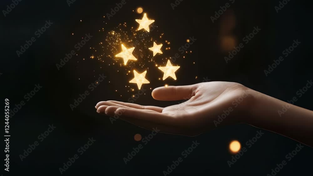Golden stars falling and landing on an open hand against a dark background with bokeh effect, creating a magical and celebratory atmosphere in slow motion Golden stars falling and landing on an open hand against a dark background with bokeh effect, creating a magical and celebratory atmosphere in slow motion