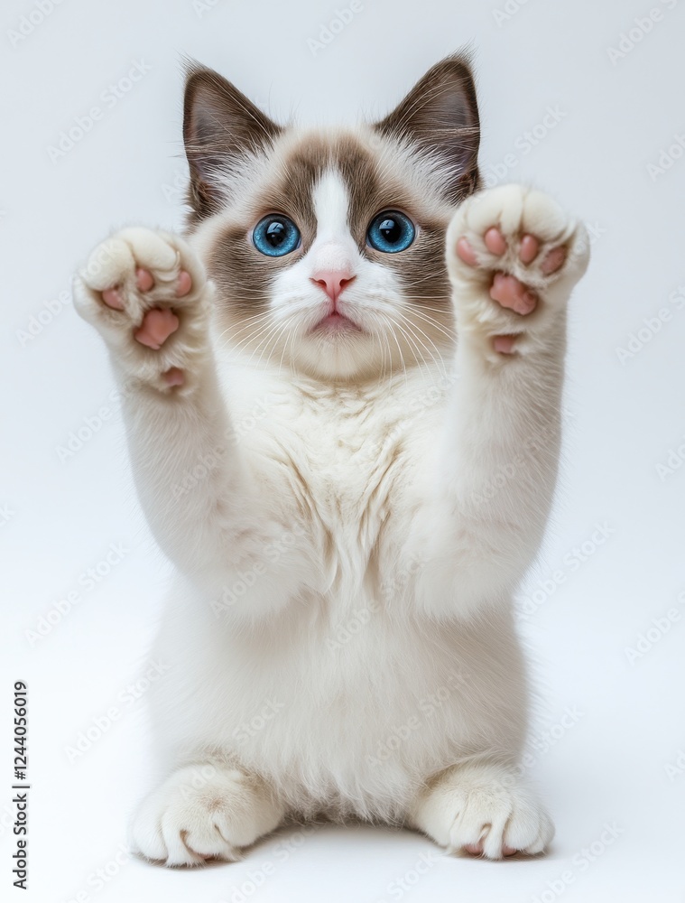 Adorable fluffy kitten with blue eyes raising paws in playful stance against a clean white background, perfect for pet lovers and animal photography enthusiasts Adorable fluffy kitten with blue eyes raising paws in playful stance against a clean white background, perfect for pet lovers and animal photography enthusiasts