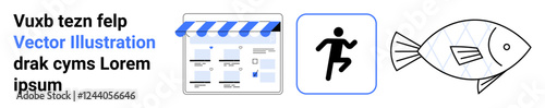 E-commerce webpage layout under a blue-striped awning, human running icon in a blue-edged square, outlined fish drawing with scales and fins, text elements. Ideal for web design, online shopping