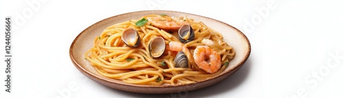 A rustic plate of linguine alle vongole, seafood pasta, photorealistic detail, soft beige and golden tones, isolated on white background