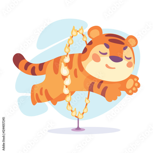 Striped Little Tiger Animal Jump Through Hula Hoop on Fire Vector Illustration