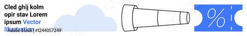 Telescope pointing towards a discount voucher surrounded by a cloud graphic. Ideal for discovery, exploration, savings, financial planning, innovation, future goals, and marketing concepts. Clean