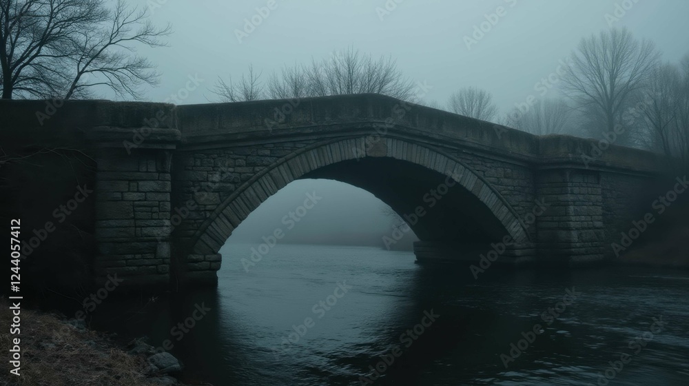 Fototapeta premium Misty Bridge Over Calm Water Surrounded by Fog and Trees