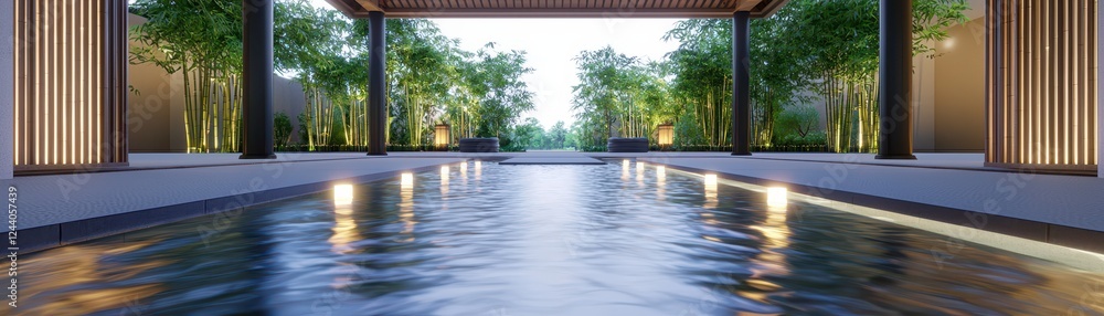 Tranquil water reflection modern garden architectural photography serene environment wide angle peaceful concept Tranquil water reflection modern garden architectural photography serene environment wide angle peaceful concept