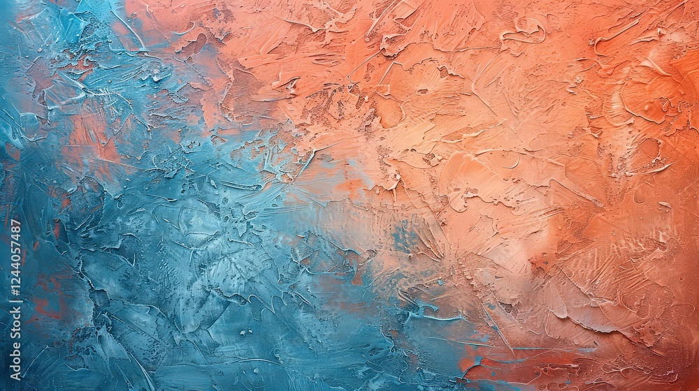 Fototapeta premium Orange and blue Venetian plaster background. Beautiful abstract decorative plaster. Interior design. Texture with copy space for design.