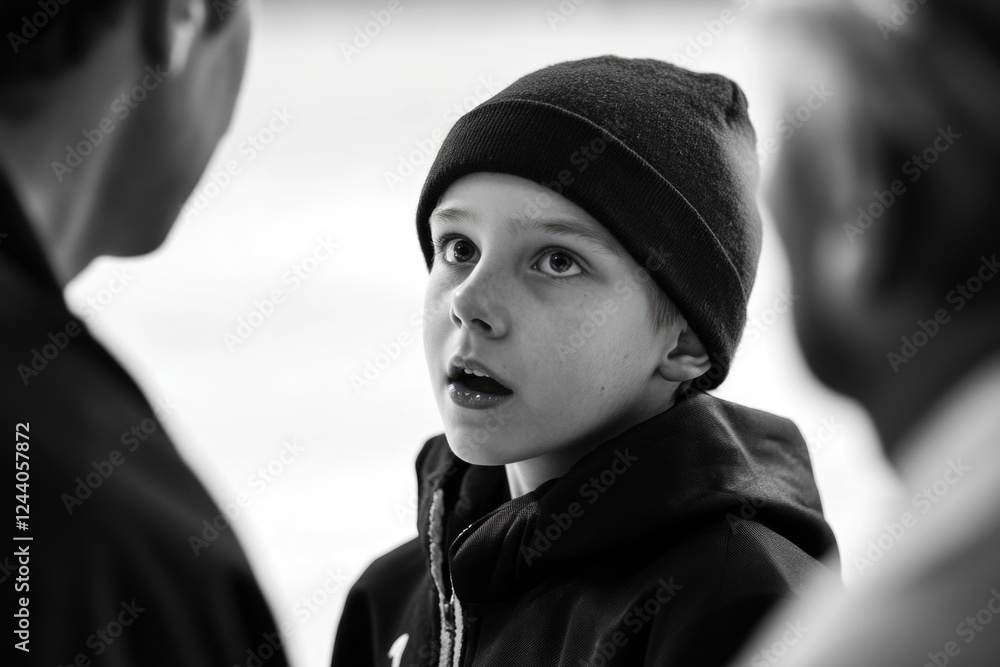 A young boy in a beanie having a conversation with a woman, possibly a teacher or mentor A young boy in a beanie having a conversation with a woman, possibly a teacher or mentor