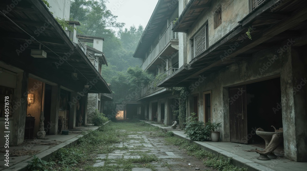 Abandoned Residential Area with Overgrown Path and Faded Structures Abandoned Residential Area with Overgrown Path and Faded Structures
