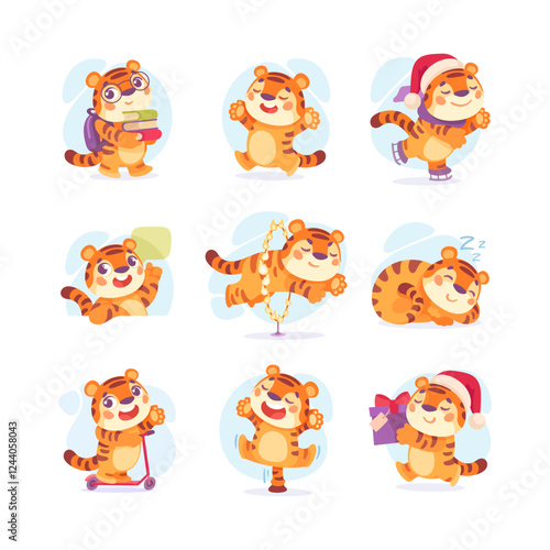 Striped Little Tiger Animal Engaged in Different Activity Vector Illustration Set