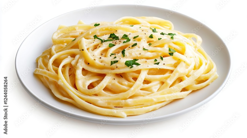 A serving of bucatini with garlic butter sauce, simple and rich, realistic photography, golden tones, isolated on white background A serving of bucatini with garlic butter sauce, simple and rich, realistic photography, golden tones, isolated on white background