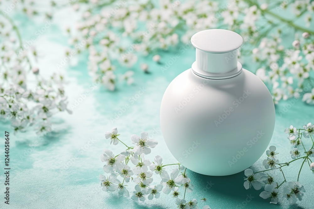 A white bottle with flowers arranged on a blue surface A white bottle with flowers arranged on a blue surface