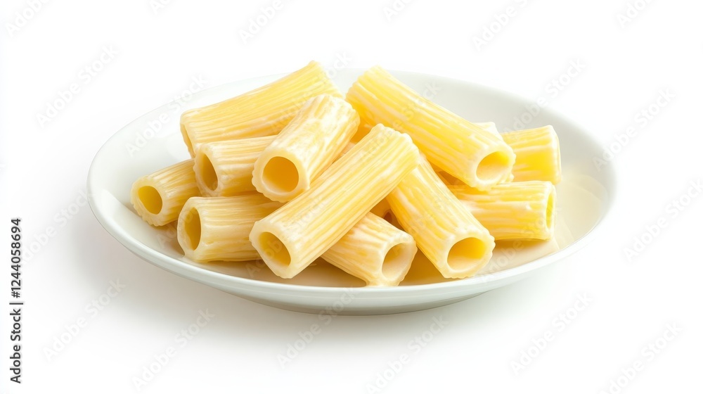A serving of creamy rigatoni pasta, simple elegance, pastel illustration, soft yellow tones, isolated on white background A serving of creamy rigatoni pasta, simple elegance, pastel illustration, soft yellow tones, isolated on white background