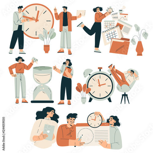 Time Management with Man and Woman Organizing Efficient Business Process Vector Set