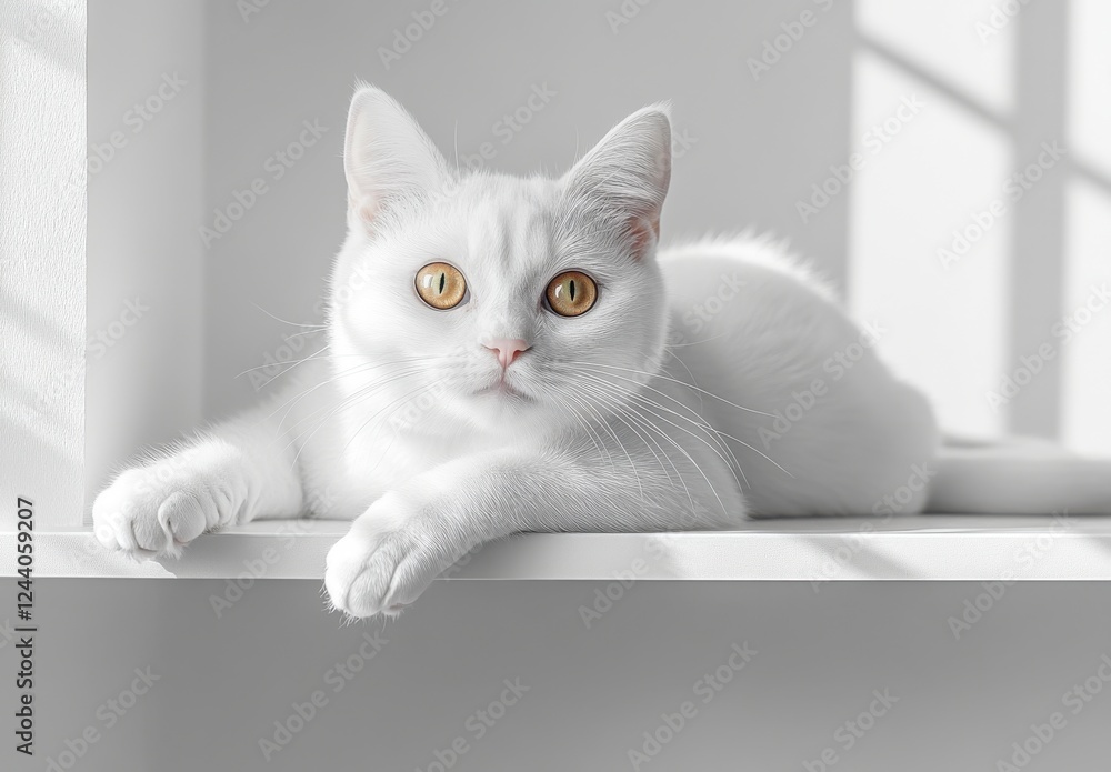 Adorable fluffy white cat resting on a white shelf with soft natural light creating gentle shadows in a modern minimalist home environment Adorable fluffy white cat resting on a white shelf with soft natural light creating gentle shadows in a modern minimalist home environment