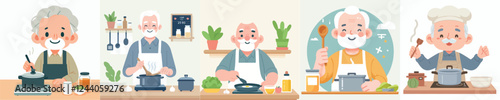 happy senior people vector set cooking