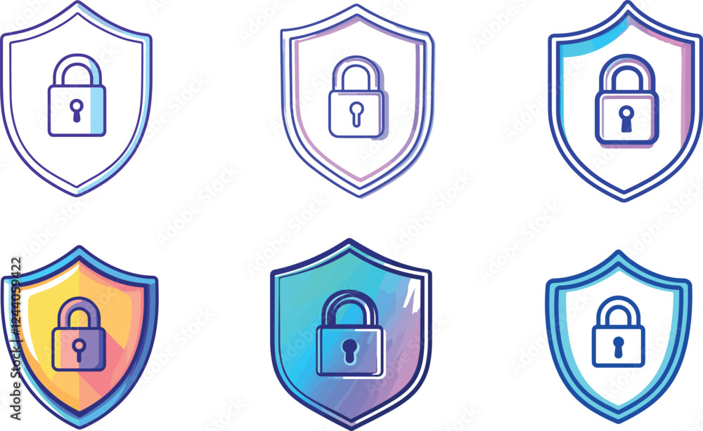 Set Shield security with lock icon isolated on black and white background. Protection, safety, password security Set Shield security with lock icon isolated on black and white background. Protection, safety, password security