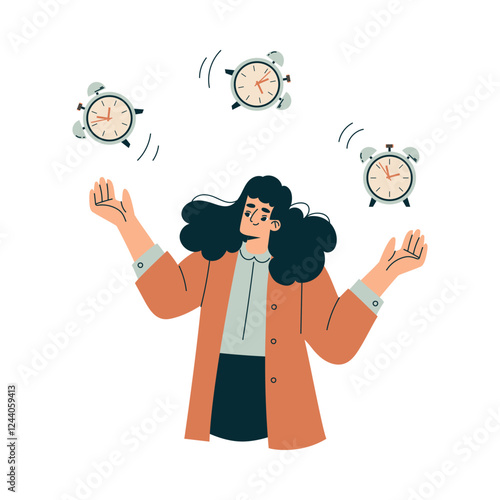 Time Management with Woman Character Juggle Clock Dial Organizing Efficient Business Process Vector Illustration