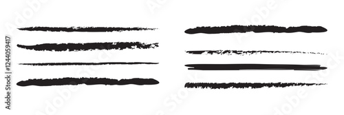 Brush line, charcoal scribble, chalk stroke, crayon mark, black pencil, pen marker, sketch graffiti, paint doodle vector set, grunge effect isolated on white background. Drawing ink illustration